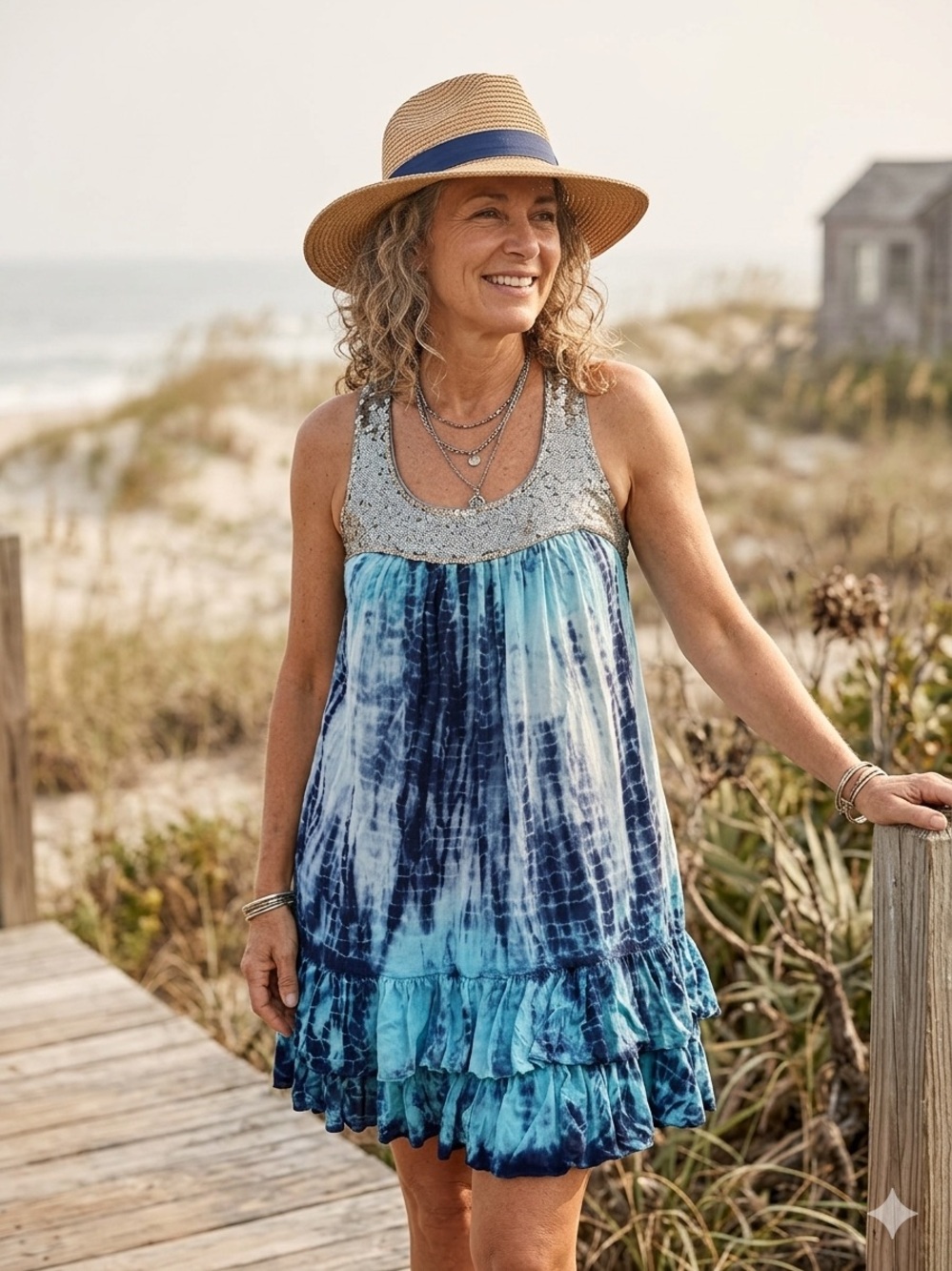 Retro ALLOY APPERAL Embellished Tank Sleeveless Midi Dress Tie-Dye Blue Size XL